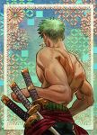  1boy bara border earrings facing_away floral_background from_below glint green_hair highres iara_png jewelry large_pectorals male_focus muscular muscular_male one_piece pectorals revision roronoa_zoro sheath sheathed short_hair single_earring solo topless_male veins veiny_arms wind 