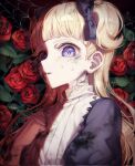 1girl artist_name blonde_hair blue_eyes bow dirty dirty_face emilico_(shadows_house) flower hair_bow hand_up highres jyan_nyan leaf long_hair looking_at_viewer parted_lips plant red_flower red_rose rose shadows_house solo upper_body white_bow 