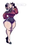  anthro bangs big_breasts bottomwear bovid boxers_(clothing) breasts caprine clothing female hair hair_over_eyes hi_res hooves horn hotpants insult insulting_viewer mammal sheep shorts smile solo sweater thick_thighs topwear underwear wide_hips xexeezy 