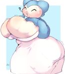  anthro big_breasts blue_background blue_body breasts chubby_female clothed clothing dress eyes_closed female generation_1_pokemon hi_res huge_breasts lightmizano nintendo pokemon pokemon_(species) question_mark simple_background slightly_chubby snorlax solo white_breasts white_clothing white_dress 