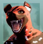  african_wild_dog anthro bodily_fluids brown_body brown_fur brown_markings canid canine dripping fur green_eyes headshot_portrait hi_res looking_at_viewer low_battery_(artist) male mammal markings open_mouth orange_body orange_fur portrait realistic_shading saliva saliva_drip saliva_on_tongue saliva_string salivating simple_background solo solo_focus white_body white_fur white_markings 