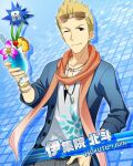  1boy blonde_hair blue_background blue_eyes bracelet card_(medium) character_name cup drinking_straw eyewear_on_head fingernails glasses hand_in_pocket holding holding_cup idolmaster idolmaster_side-m ijuuin_hokuto jacket jewelry male_focus official_art one_eye_closed open_clothes open_jacket scarf shirt smile solo sunglasses 