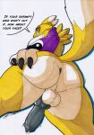  anthro balls bandai_namco black_sclera bodily_fluids breasts butt digimon digimon_(species) erection fur genital_fluids genitals gynomorph hi_res intersex knot looking_at_viewer low-angle_view nipples penis renamon rotten_owl simple_background solo traditional_media_(artwork) tuft white_body white_fur yellow_body yellow_fur 