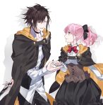  1boy 1girl absurdres alvaro_garay anno_meiji black_choker black_cloak brown_hair choker cloak closed_mouth facing_another facing_to_the_side highres hood hood_down lulu_(wand_of_fortune) official_alternate_hair_color one_eye_closed open_mouth orange_eyes pink_hair ponytail purple_eyes smile wand_of_fortune white_background 