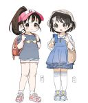  2girls asymmetrical_bangs backpack bag bare_legs baseball_cap black_hair blue_dress blue_footwear brown_eyes brown_hair character_name closed_mouth dress fukuyama_mai full_body grey_shirt hat highres holding holding_phone holding_strap idolmaster idolmaster_cinderella_girls light_blush long_hair looking_at_phone looking_at_viewer multiple_girls open_mouth over-kneehighs phone pinafore_dress pink_footwear pink_headwear ponytail red_bag sasaki_chie shirt shoes short_hair short_shorts shorts shoulder_bag simple_background sleeveless sleeveless_dress smile sneakers socks spawnfoxy standing thighhighs white_background white_headwear white_shirt white_shorts white_socks white_thighhighs wispy_bangs zettai_ryouiki 