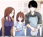  1boy 2girls :t ^_^ aged_up alternate_hairstyle antenna_hair apron black_hair black_shirt blue_apron blue_dress blurry blurry_background blush breasts brown_hair brown_shirt chopsticks closed_eyes closed_mouth commentary couple dress eating family father_and_daughter female_child floral_print go-toubun_no_hanayome hair_over_one_eye happy hetero highres holding holding_chopsticks if_they_mated indoors large_breasts long_hair long_sleeves looking_at_another mame1645 medium_hair mother_and_daughter multiple_girls nakano_miku open_mouth profile puffy_short_sleeves puffy_sleeves purple_apron shirt short_hair short_sleeves sidelocks smile straight-on swept_bangs uesugi_fuutarou washing yellow_eyes 