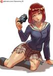  1girl breasts camera cigarette flcl highres holding holding_camera lips on_floor patreon_username red_hair ribosoma_42 sailor_collar samejima_mamimi school_uniform shadow simple_background skirt solo white_background 
