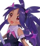  1girl :d abe_(kumayu) bare_shoulders blush dark-skinned_female dark_skin dress fake_horns fangs halloween_costume horns iris_(fall_2022)_(pokemon) iris_(pokemon) long_hair open_mouth pokemon pokemon_(game) pokemon_masters_ex purple_hair red_eyes sleeveless sleeveless_dress smile solo very_long_hair white_background 