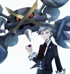  1boy black_jacket closed_mouth collared_shirt commentary_request grey_hair hand_up highres holding holding_poke_ball jacket jewelry kotan_(cho_mateyo) long_sleeves male_focus mega_metagross mega_pokemon metagross necktie poke_ball poke_ball_(basic) pokemon pokemon_(game) pokemon_oras ring shirt short_hair simple_background smile spiked_hair steven_stone vest white_background white_shirt 