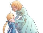  2girls absurdres ahoge aqua_dress artoria_pendragon_(fate) baige_1028 blonde_hair blue_bow blue_dress bow closed_eyes dress fate/stay_night fate_(series) green_eyes hair_bow hands_on_another&#039;s_shoulders highres if_they_mated long_bangs long_hair mother_and_daughter multiple_girls saber simple_background very_long_hair white_background white_bow 