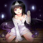  1girl artist_request black_hair character_request commentary_request copyright_request deviantart dress happy looking_at_viewer multicolored_hair non-web_source purple_eyes purple_hair smile solo two-tone_hair white_dress 