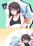  !? &gt;_&lt; 2girls aoiro_050 aqua_ribbon bang_dream! black_tank_top blue_hair blush breasts brown_hair chibi closed_eyes collarbone emphasis_lines epaulettes flying_sweatdrops full-face_blush hair_ornament hair_ribbon hairclip highres hug hug_from_behind kiss kissing_neck long_hair matsubara_kanon medium_breasts medium_hair michelle_(bang_dream!) motion_lines multiple_girls okusawa_misaki ribbon ringed_eyes side_ponytail steam surprised sweat sweatdrop tank_top v-shaped_eyebrows waving_arms yuri 