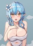  1girl ahoge areola_slip bare_shoulders blue_background blue_hair blush_stickers breasts cleavage collarbone covered_navel flower hair_flower hair_ornament hololive large_breasts naked_towel navel open_mouth pixel_art pointy_ears simple_background solo steam towel virtual_youtuber yellow_eyes yukihana_lamy zou_eita 