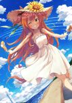  1girl barefoot beach breasts cloud collarbone commentary_request contrail dress flower grin hair_between_eyes hair_ornament hat highres horse_girl lighthouse looking_at_viewer mayano_top_gun_(umamusume) murasaki_himuro ocean one_eye_closed orange_eyes orange_hair shoes shoes_removed sky slippers small_breasts smile solo straw_hat sunflower umamusume white_dress 