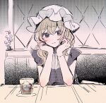  1girl blonde_hair closed_mouth cup dress drink drinking_glass hair_between_eyes hat highres ice long_hair maribel_hearn mob_cap mozukuzu_(manukedori) purple_dress purple_eyes short_sleeves sketch smile solo touhou upper_body white_headwear 