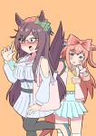  2girls agnes_digital_(umamusume) animal_ears aoi_tenjiku backpack bag bare_shoulders beret bespectacled black_bag blue_eyes blue_footwear blue_skirt blush bow breasts brown_hair commentary cowboy_shot dress ear_bow glasses green_bow hair_bow hair_ornament hairclip hat high_heels highres horse_ears horse_girl horse_tail index_finger_raised kneehighs leg_up long_hair medium_breasts mejiro_dober_(umamusume) multiple_girls name_tag orange_background pink_bag pink_hair pleated_skirt pumps purple_eyes red-framed_eyewear red_bow red_headwear semi-rimless_eyewear shirt simple_background skirt socks standing standing_on_one_leg tail two_side_up umamusume under-rim_eyewear wavy_mouth white_dress white_socks yellow_shirt 