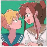  2girls bishoujo_senshi_sailor_moon blonde_hair blue_sailor_collar blush bow brown_hair brown_sailor_collar earrings friends green_background jewelry kino_makoto kino_makoto&#039;s_school_uniform lowres multiple_girls open_mouth red_bow sailor_collar school_uniform smile tsubobot tsukino_usagi 