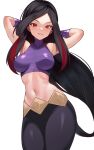  1girl armpits arms_behind_head black_hair black_pants breasts commentary_request cowboy_shot eyelashes highres long_hair looking_at_viewer lucy_(pokemon) midriff multicolored_hair navel pants parted_lips pokemon pokemon_(game) pokemon_emerald pokemon_rse purple_shirt red_eyes shirt simple_background sleeveless sleeveless_shirt smile solo two-tone_hair volyz white_background 