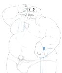  2023 anthro belly big_belly bodily_fluids bulge clothing facial_hair hi_res kemono lagomorph leporid male mammal mature_male momo_92698 moobs mustache navel nipples one_eye_closed overweight overweight_male rabbit shovel simple_background solo sweat tools towel towel_on_shoulder underwear 