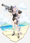  1girl ^_^ absurdres animal_ears bare_arms bare_shoulders beach black_footwear black_one-piece_swimsuit breasts brown-framed_eyewear brown_nails casual_one-piece_swimsuit cleavage closed_eyes cloud eyewear_on_head facing_viewer gold_ship_(run_revolt_launcher)_(umamusume) gold_ship_(umamusume) grey_background grey_hair grin halo_(series) hand_on_own_hip high_heels highres holding horse_ears horse_girl horse_tail long_hair m41_spnkr m6d medium_breasts mejiro_mcqueen_(umamusume) mouhantain nail_polish one-piece_swimsuit outline purple-tinted_eyewear sand sandals simple_background smile solo sparkle super_smashing_summer_vacation_(umamusume) swimsuit tail tinted_eyewear toenail_polish toenails toes umamusume very_long_hair water white_outline 