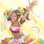  1girl arms_up bracelet dark-skinned_female dark_skin eyeshadow fire_emblem fire_emblem_engage jewelry makeup mizss one_eye_closed pearl_bracelet pearl_hair_ornament pink_eyeliner pink_eyeshadow solo star-shaped_pupils star_(symbol) symbol-shaped_pupils timerra_(fire_emblem) 