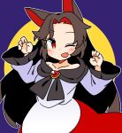  1girl animal_ears blush brown_hair dress fang imaizumi_kagerou ini_(inunabe00) long_hair long_sleeves one_eye_closed open_mouth red_dress red_eyes skin_fang smile solo touhou white_dress wolf_ears 