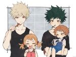  1girl 3boys bakugou_katsuki bare_shoulders black_tank_top blonde_hair blue_overalls blush boku_no_hero_academia carrying carrying_person child coi_mha collarbone feet_out_of_frame freckles green_hair holding holding_toothbrush looking_at_viewer midoriya_izuku multiple_boys overall_skirt overalls short_hair short_sleeves spiked_hair tank_top toothbrush twintails white_background 