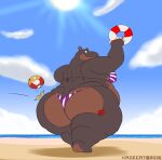  2016 anthro beach belly big_belly big_butt big_moobs brown_body butt cloud common_hippopotamus digital_media_(artwork) hi_res hippopotamid huge_belly huge_butt huge_moobs julian_(kazecat) kazecat kiss_mark kiss_mark_on_butt life_preserver lipstick looking_back makeup male mammal moobs obese obese_anthro obese_male overweight overweight_anthro overweight_male rear_view sand sea seaside sky solo sun tattoo water 