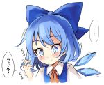  1girl blue_bow blue_dress blue_eyes blue_hair blush bow cirno closed_mouth collared_shirt commentary dress fairy hair_bow highres ice ice_wings pinafore_dress portrait shirt short_hair simple_background sleeveless sleeveless_dress solo speech_bubble tatuhiro touhou translated white_background white_shirt wings 