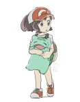  1girl :o backpack bag brown_bag brown_eyes brown_hair bulbasaur commentary_request dated elaine_(pokemon) eyelashes hat holding holding_pokemon looking_to_the_side own_hands_together parted_lips pokemon pokemon_(creature) pokemon_(game) pokemon_lgpe ponytail red_headwear shirt short_sleeves standing sweat ueda_hanako white_background 