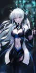  1girl black_bow black_dress blue_eyes blush bow breasts cleavage clothing_cutout commentary_request dress fate/grand_order fate_(series) fingernails grey_hair hair_bow holding holding_staff holding_weapon kiya_hajime long_hair looking_at_viewer morgan_le_fay_(fate) navel pelvic_curtain ponytail pubic_tattoo solo spikes staff stomach_cutout tattoo tiara twitter_username two-tone_dress very_long_hair weapon white_dress 