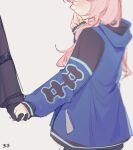  1girl 1other arknights black_gloves blue_jacket blue_poison_(arknights) blush commentary dailybloopy doctor embarrassed from_behind gloves hand_up head_out_of_frame hood hooded_jacket jacket long_hair long_sleeves low_twintails pink_hair simple_background twintails white_background 