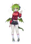  1girl absurdres alternate_costume black_shorts blush breasts brown_eyes draco_centauros dragon_girl dragon_horns dragon_tail dragon_wings fang green_hair highres hood hoodie horns large_breasts long_sleeves looking_at_viewer navel offbeat open_mouth pointy_ears puyopuyo red_hoodie short_hair short_shorts shorts simple_background smile solo tail white_background wings 