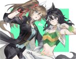  2girls animal_ears black_hair black_jacket blue_eyes breasts brown_hair character_request commentary_request cosplay costume_switch crop_top gloves hair_ornament hairclip highres horse_ears index_finger_raised jacket long_hair medium_breasts midriff mr._c.b._(umamusume) mr._c.b._(umamusume)_(cosplay) multiple_girls navel open_clothes open_jacket pants ponytail saibeo_tomato shirt stomach strapless strapless_shirt umamusume very_long_hair white_jacket white_pants wrist_cuffs 