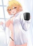  1girl ahoge black_panties blonde_hair blush breasts cocozasa commentary_request cowboy_shot cup fang hair_between_eyes hair_ornament hairclip highres holding holding_cup hololive large_breasts long_sleeves looking_at_viewer naked_shirt navel open_clothes open_mouth open_shirt orange_eyes panties partial_commentary puffy_long_sleeves puffy_sleeves see-through see-through_shirt shirt short_hair solo steam stomach underwear virtual_youtuber white_shirt yozora_mel 