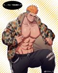  1boy abs absurdres bara bare_pectorals blush camouflage camouflage_jacket ear_piercing feet_out_of_frame glint hair_tattoo highres hood hooded_jacket huge_pectorals jacket long_sideburns male_focus mature_male muscular muscular_male navel navel_hair nipple_piercing nipple_rings nipples orange_hair original pectorals piercing punk short_hair sideburns sideburns_stubble solo spiked_hair stomach thick_eyebrows thick_thighs thighs translation_request undercut youchi123 