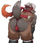  2023 absurd_res anthro asian_clothing blush brown_body brown_fur bulge butt canid canine canis clothing domestic_dog east_asian_clothing fur hi_res japanese_clothing lifewonders looking_at_viewer looking_back male mammal presenting rear_view solo ssu_open tadatomo tokyo_afterschool_summoners underwear 