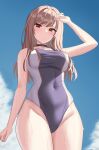  1girl black_choker blue_sky breasts brown_hair choker cloud covered_navel from_below goddess_of_victory:_nikke hand_up highres long_hair looking_at_viewer medium_breasts one-piece_swimsuit outdoors rapi_(nikke) red_eyes sky solo swimsuit wet xi_oshir1 