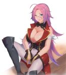  1girl ahoge blue_eyes boots breasts cleavage coat fate/grand_order fate_(series) francis_drake_(fate) highres huge_breasts knee_boots long_hair mochidayo_(lovefate999) pants pink_hair popped_collar red_coat scar scar_on_face sitting sleeveless sleeveless_coat solo very_long_hair white_pants wrist_cuffs 