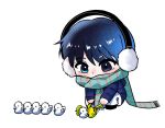  1boy bannhaws2 blue_coat blue_eyes blue_hair blue_scarf blush chibi coat commentary_request covered_mouth earmuffs eoduun_badaui_deungbul-i_doeeo full_body heterochromia holding korean_commentary long_sleeves male_focus pants park_moo-hyun scarf short_hair simple_background snowball snowball_scooper solo white_background white_pants winter_clothes 