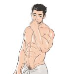  1boy abs after_bathing bara beard_stubble black_hair covering_mouth hand_over_own_mouth large_pectorals looking_at_viewer lucas_lee male_focus male_pubic_hair muscular muscular_male navel navel_hair nipples omartoon pectorals pubic_hair pubic_hair_peek scott_pilgrim_takes_off short_hair smile solo stomach thick_eyebrows topless_male towel_around_waist veins veiny_arms wet 
