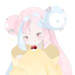  1girl blue_hair bow-shaped_hair character_hair_ornament grey_footwear grey_pantyhose hair_ornament hexagon_print highres holding holding_poke_ball iono_(pokemon) jacket long_hair looking_at_viewer low-tied_long_hair low_twintails magnemite multicolored_hair open_mouth oversized_clothes pantyhose pink_eyes pink_hair poke_ball pokemon pokemon_(game) pokemon_sv sharp_teeth shirt single_thighhigh sleeveless sleeveless_shirt sleeves_past_fingers sleeves_past_wrists smile solo teeth thighhighs transparent_background twintails two-tone_hair upper_body user_hrgx8448 very_long_hair very_long_sleeves yellow_jacket 