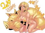  1girl bikini blonde_hair bracelet breasts chinese_zodiac dark-skinned_female dark_skin fewer_digits happy_new_year heart heart_necklace high_heels highres jewelry large_breasts looking_at_viewer minew necklace original pig pointy_ears short_hair sleeping_animal swimsuit year_of_the_pig yellow_bikini yellow_eyes 