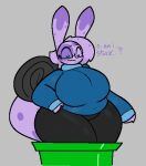  2022 anthro belly big_breasts black_clothing black_tail blue_clothing blue_eyes bottomwear breasts clothing english_text eyewear female gastropod glasses hair huge_breasts huge_hips huge_thighs markings mollusk multicolored_body multicolored_ears nonbinary_bunny purple_body purple_ears purple_hair purple_tail slightly_chubby snail solo spots spotted_ears spotted_markings spotted_tail stuck tail tail_markings text thick_thighs topwear two_tone_body two_tone_ears two_tone_tail 