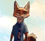  anthro blue_clothing canid canine clothing cloudscape disney ears_up eyebrows famished_(artist) fox fur green_eyes hi_res male mammal necktie nick_wilde raised_eyebrow red_body red_fur sky smug solo zootopia 