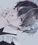  1boy black_hair blue_eyes expressionless fingernails grey_background highres jewelry looking_at_viewer maid maid_headdress male_focus mole mole_under_eye multiple_rings original own_hands_together portrait ring short_hair signature simple_background solo sosaku_25 