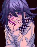  1boy black_background blood blood_on_face checkered_clothes checkered_scarf danganronpa_(series) danganronpa_v3:_killing_harmony fang flipped_hair grin hair_between_eyes highres jacket male_focus medium_hair oma_kokichi pink_blood purple_eyes scarf simple_background smile solo teeth upper_body urami0310 white_jacket 