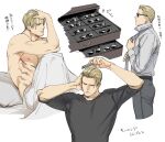  1boy adjusting_clothes adjusting_necktie albert_wesker bara bed belt black_belt black_shirt blonde_hair brushing_hair closed_eyes closed_mouth collared_shirt comb grey_pants holding holding_comb large_pectorals male_focus multiple_views muscular muscular_male necktie nipples on_bed pants pectorals pillow resident_evil resident_evil_1 shirt short_hair sunglasses tatsumi_(psmhbpiuczn) topless_male translation_request white_shirt 