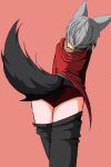  1girl animal_ears arknights black_pants clothes_pull feet_out_of_frame grey_hair highres jacket lemon_moji panties pants pants_pull projekt_red_(arknights) red_background red_jacket red_panties short_hair simple_background solo tail underwear wolf_ears wolf_girl wolf_tail 