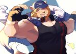  1boy animal_ears bara baseball_cap commentary_request facial_hair fang furry furry_male gloves goatee hat headphones headphones_around_neck highres indie_virtual_youtuber jacket jacket_on_shoulders kinji_ninomiya lion_boy lion_ears lion_mane lion_tail looking_at_viewer male_focus open_mouth partially_fingerless_gloves sawch_cls shirt sleeveless sleeveless_shirt tail white_background 
